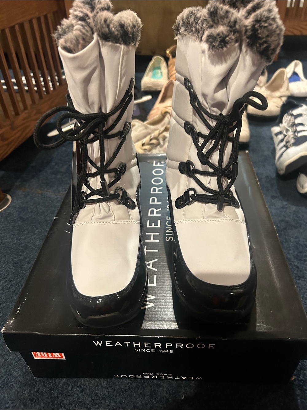 Weatherproof Women’s White and Black Faux-Fur Lace-Up Winter Boots